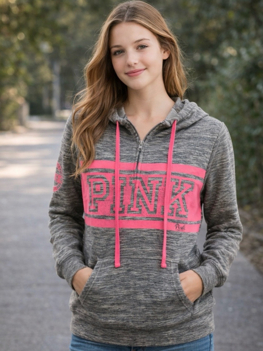 Victoria’s Secret PINK Hoodie XS Gray Pink Logo Pullover Sweatshirt